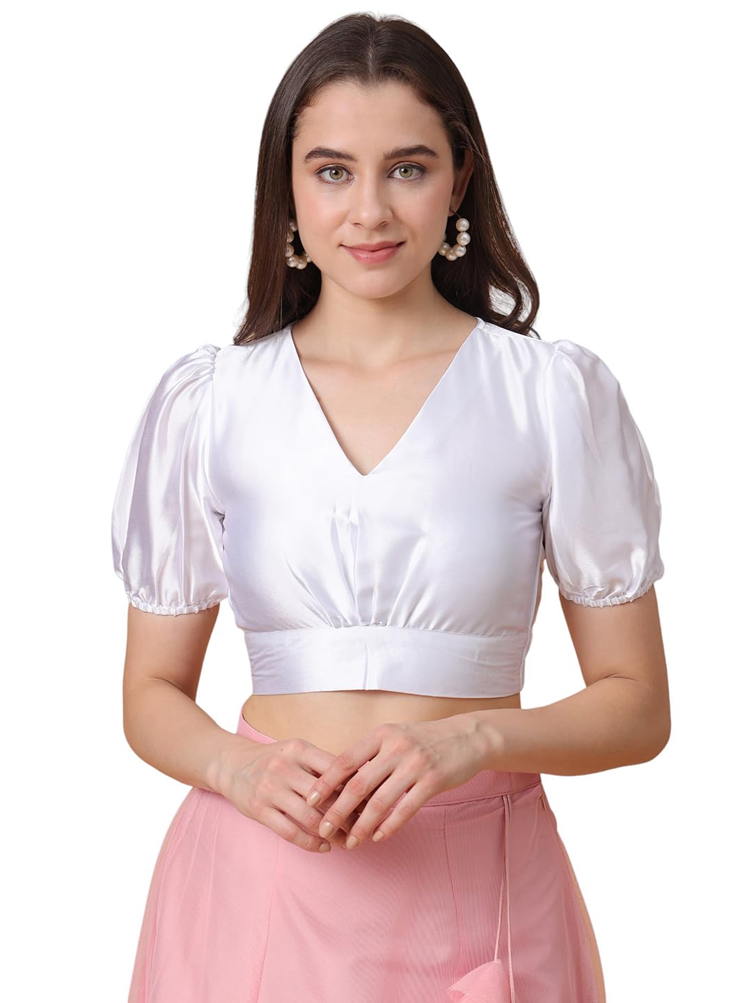 fr frolic rolic Women's Girls Satin Puff Sleeve Solid V-Neck Crop Top Blouse for Party Wedding Festive-picture-34