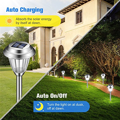 Voona Solar LED Outdoor Lights 8-Pack Stainless Steel Pathway Landscape Lights for Outdoor Path Patio Yard Deck Driveway and Garden , (Silver)