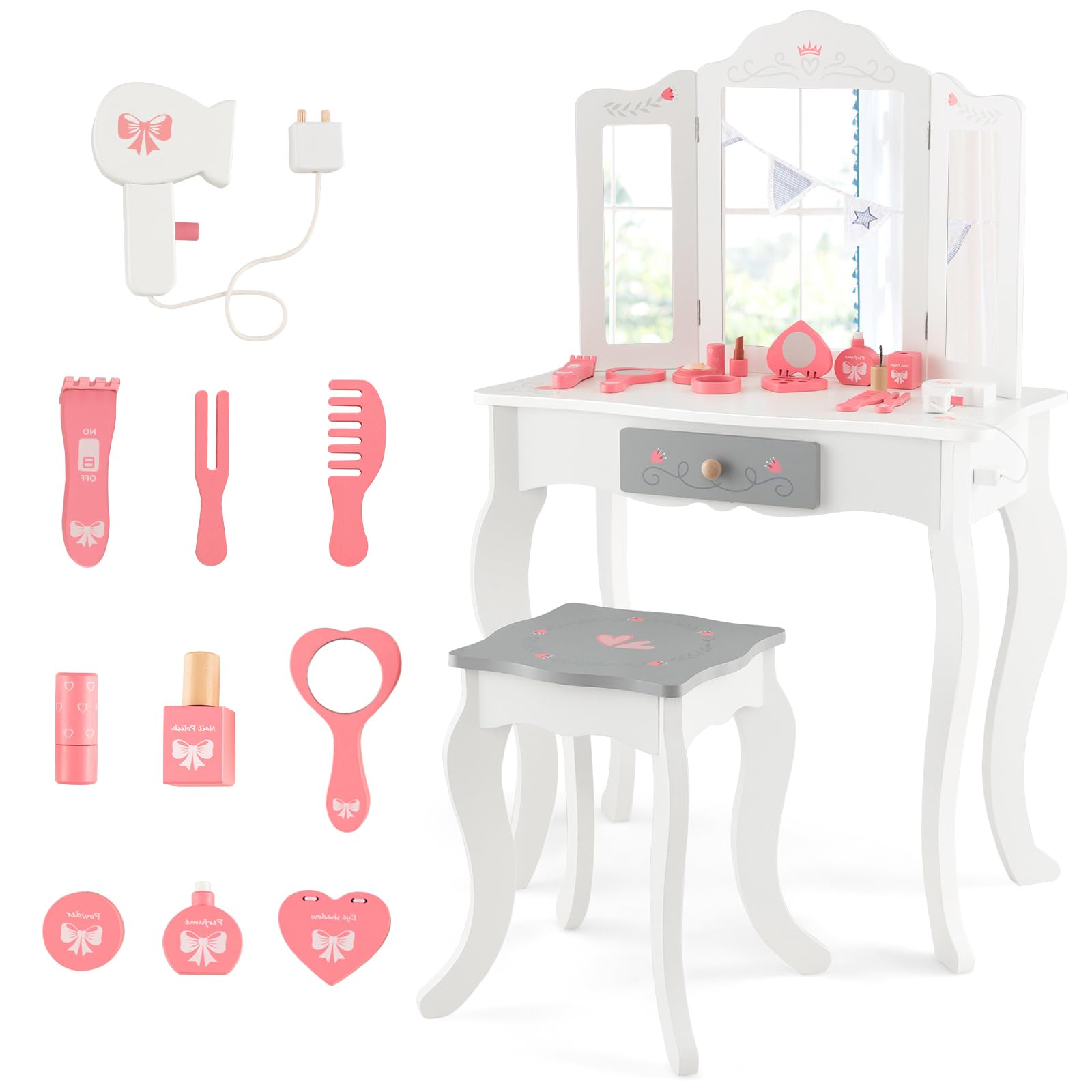 RELAX4LIFE Toeletta Trucco per Bambina, Specchiera Trucco con Sgabello e Accessori da Trucco, Toeletta in Legno, Specchio Rimovibile, per Bambini 3+ Anni (TRIPLO, 34x50x93cm)