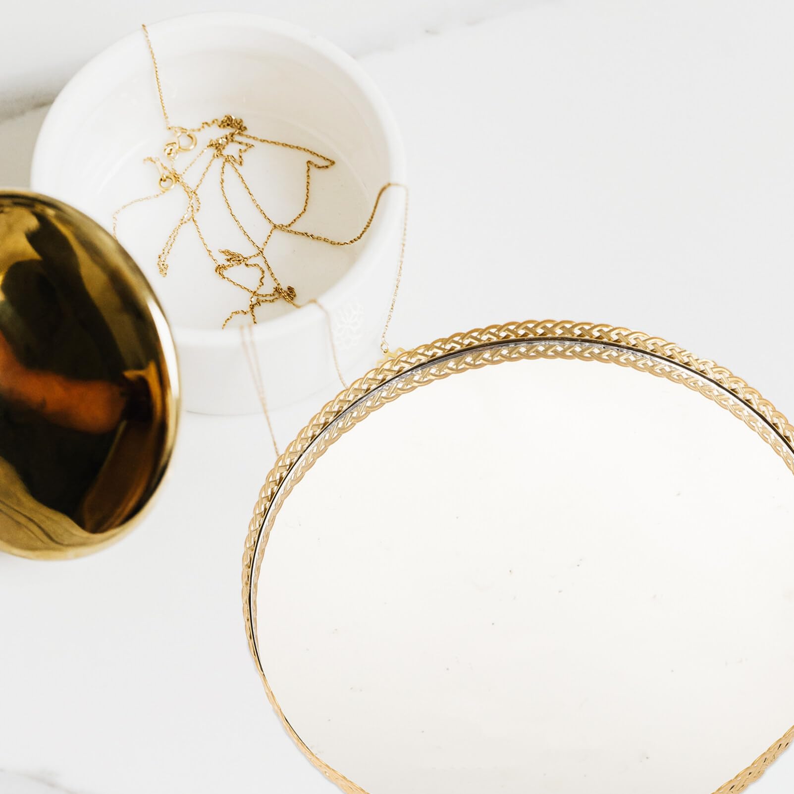 Alipis Elegant Glass Perfume Tray with Mirror Surface – Jewelry and Trinket Organizer for Vanity, Dresser, and Bathroom Countertop – Gold Accents, Medium Size