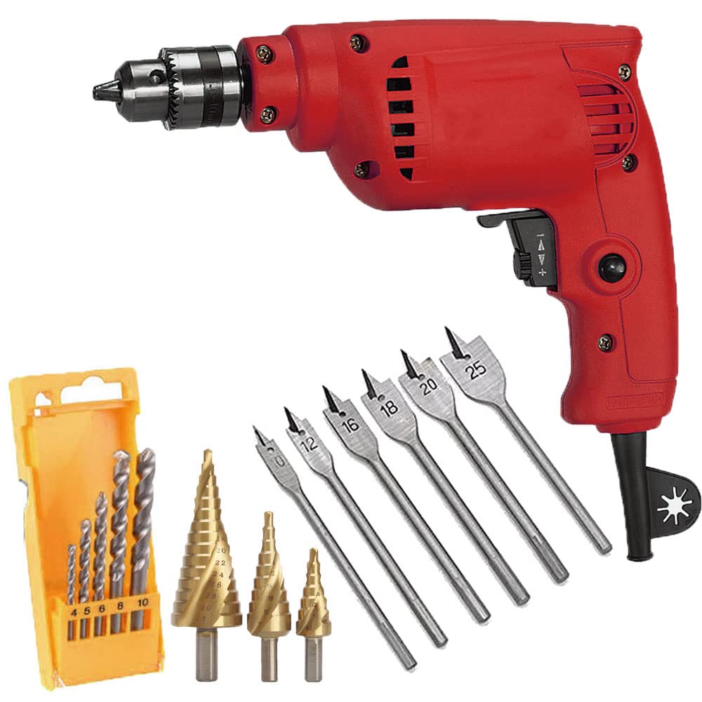 Multifunction Handheld 10mm Electric Reversible variable speed Drill machine With 5 Pcs HSS Drill Bit,3 pcs Step Cone bit set,6pcs Flat bit set (B0B4G85PJ5) Amazon Price History, Amazon Price Tracker