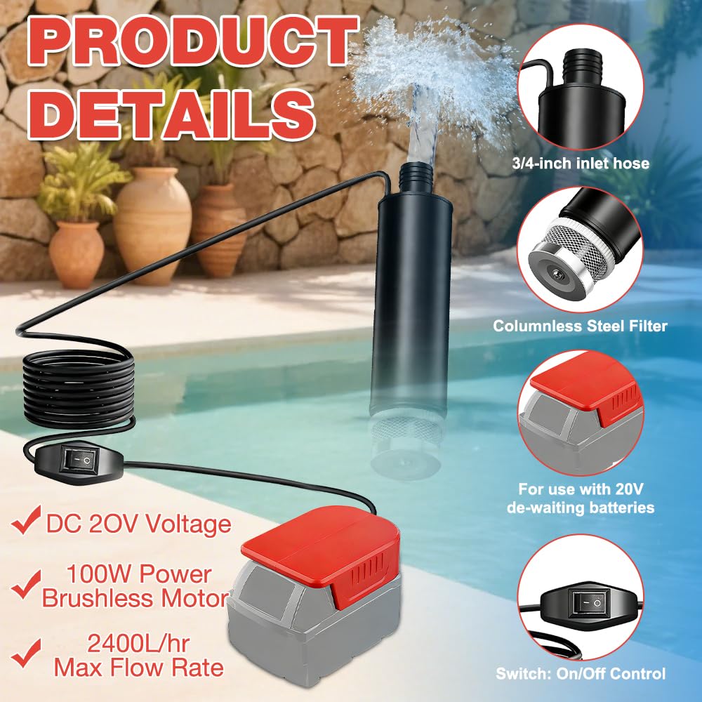 Akku Wasserpumpe, Mini Tauchpumpe, Wasserpumpe Klein für Milwaukee 18V Akkus, Pumpe Wasser für Keller, Pool, Gartenbewässerung, Autowäsche (KEIN Akku)