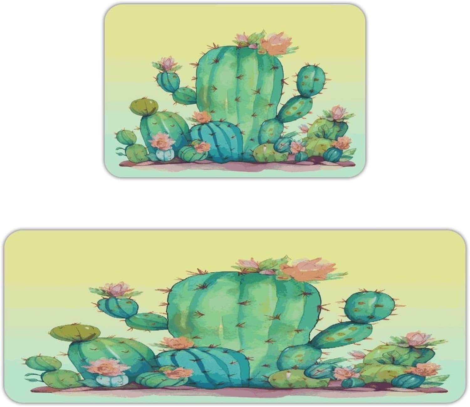 Funny Cactus Kitchen Mats with 2PCS Non-Slip Washable,Kitchen Rug Heavy Duty Durable, Floor Mats for Kitchen,Office,Sink,Laundry