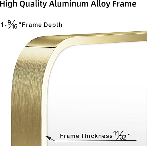 Miniatura 3 de Espejo de oro francés cepillado de 20 x 30 pulgadas para pared, espejo rectangular redondeado dorado con marco de metal para colgar para baño,