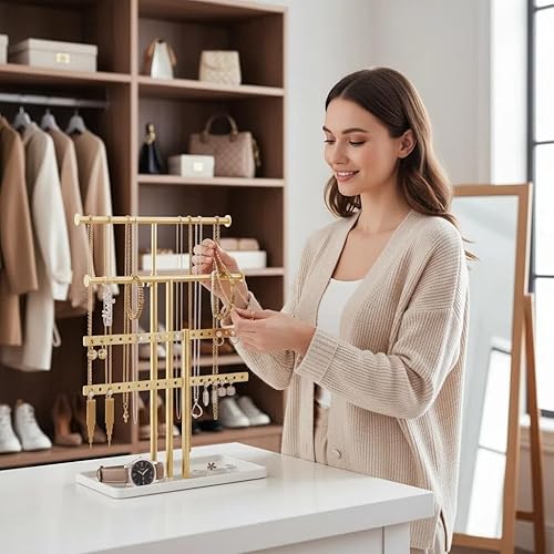Miniatura 7 de Organizador de joyas de 3 niveles, soporte de exhibición de collares, torre de joyería ajustable en altura para todos los aretes, pulseras, relojes,