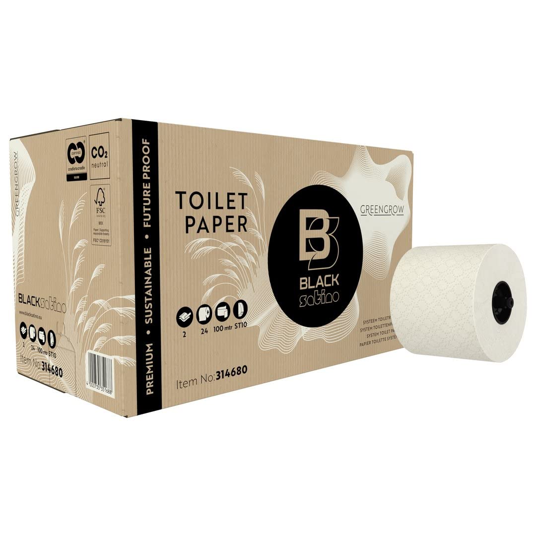 BlackSatino Toilettenpapier Großrollen GreenGrow I 2-lagig I 24 Rollen mit je 70m Länge I passend für ST10-Spender I umweltschonend I nachhaltig I Miscanthus-Recycling-Mix