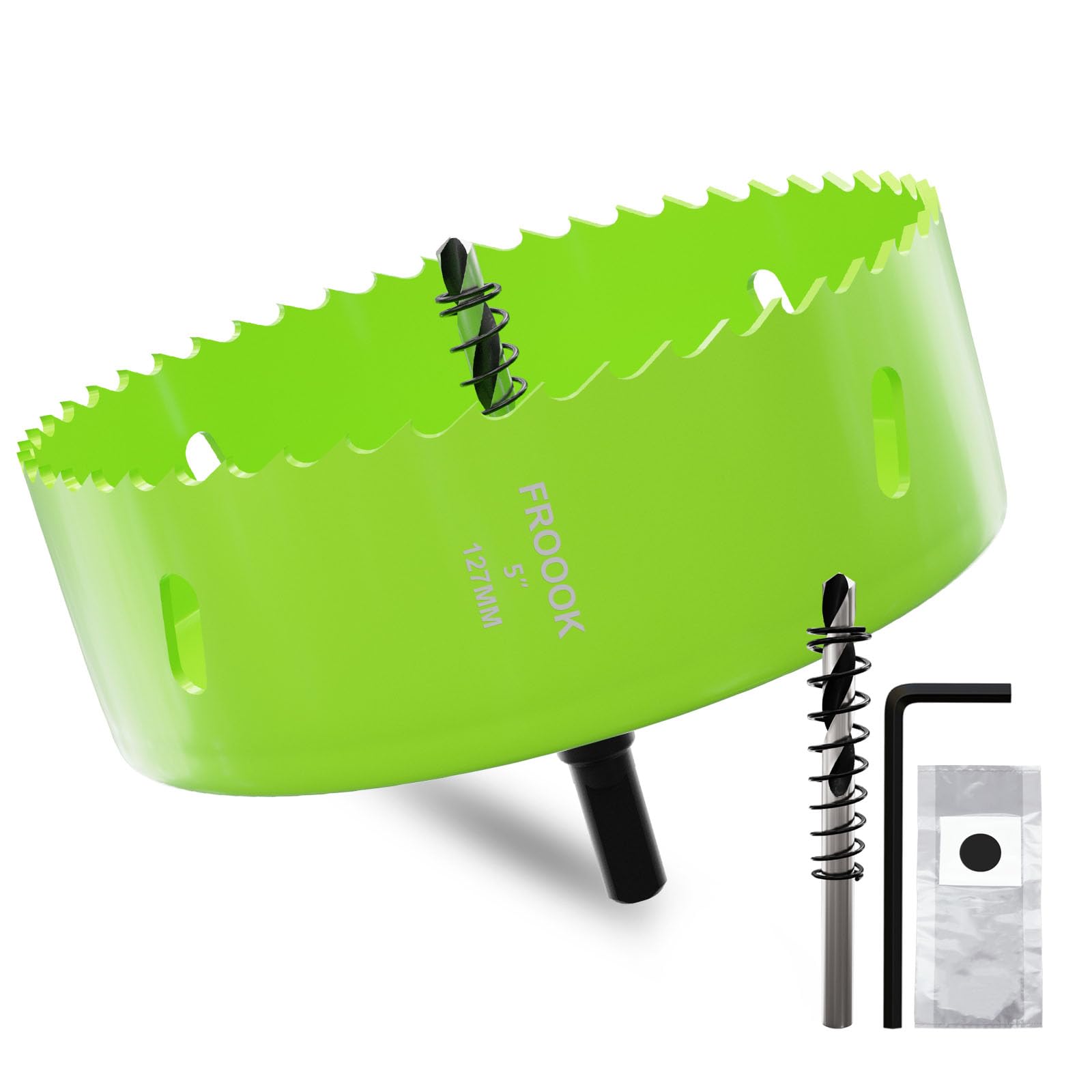 5"(127mm) Bi-Metal Hole Saw with Arbor - Multi-Material Cutting Kit for Thin Iron, Wood & Drywall - High-Speed Steel Teeth with Smooth Cutting Edge, Fast Chip Removal & Bonus Dust-Proof Bag