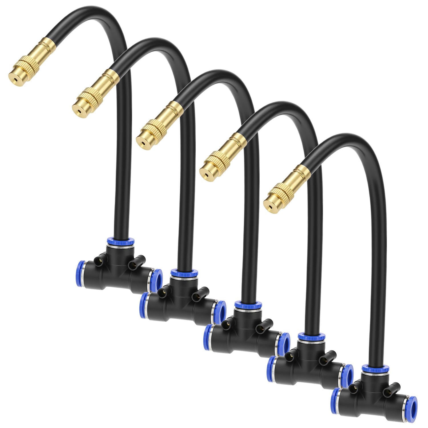 QWORK Brass Misting Nozzles Tee with 8" Built-in Hose, 5 Pack Brass Water Mister Nozzles Thread Sprayer 0.043", 360° Adjustable Rotation, Energy Efficient with Easy Installation