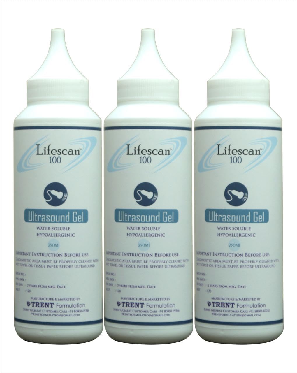 LIFESCAN 100 Ultrasound Gel Used for(USG,ECG,EEG,Physio) Diagnostic & thrapeutic Multipurpose (250ml X Pack of 3 Bottles)