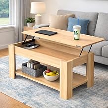 InnoFur Wooden Lift Top Coffee Table with Storage Shelf | Adjustable Lift-Up Center Table for Living Room | Multipurpose Table for Work, Dining & Storage | Natural Wood Finish | Modern Design (Walnut)