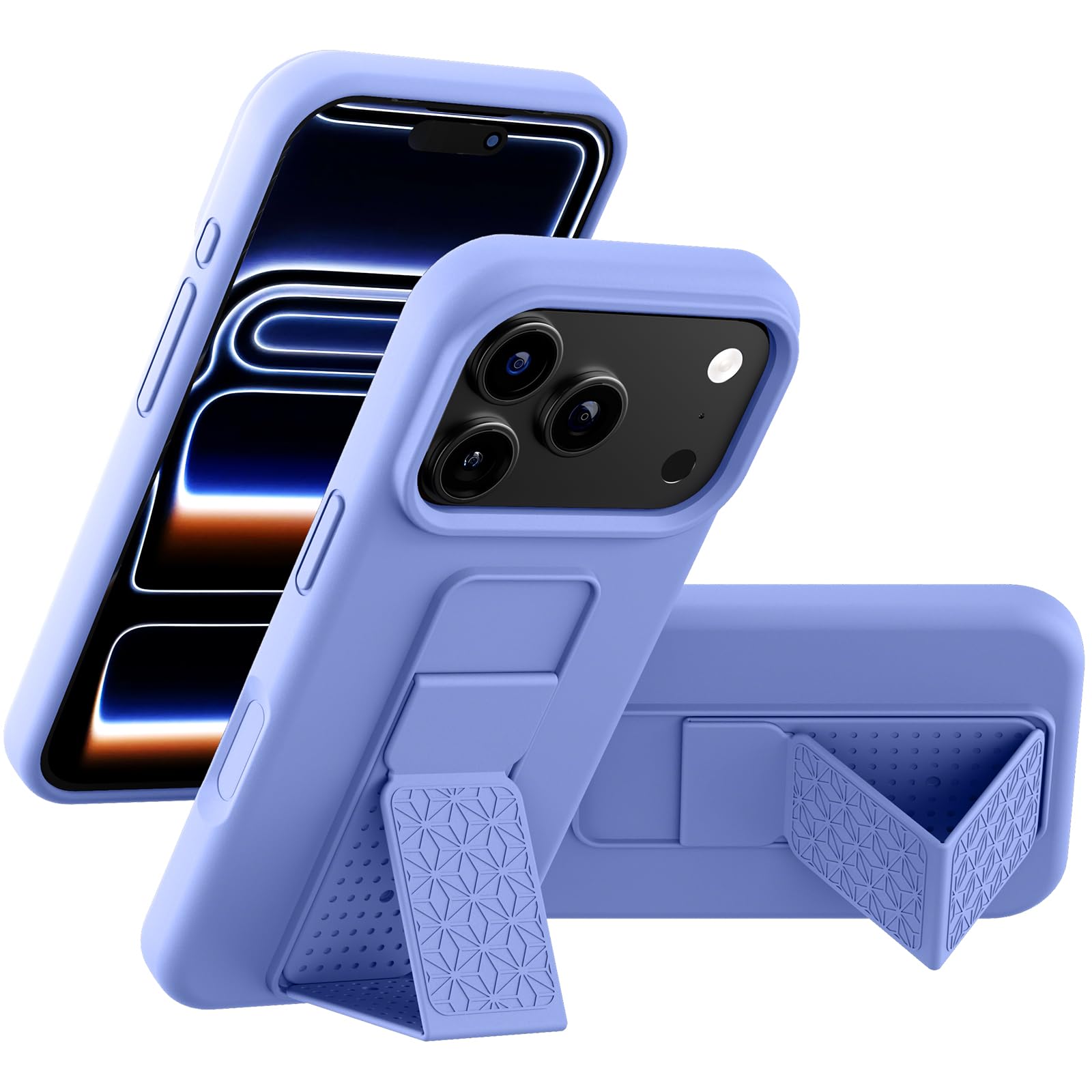 Coque silicone compatible iPhone 17 Pro violette haute finition avec support et dragonne métal