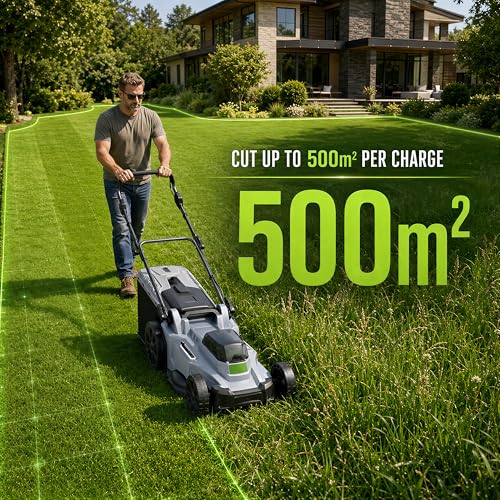 Image of 40V Cordless Lawn Mower, 17 inch Walk Behind Electric 4.0 Ah Battery Powered Lawnmower, with 50L Grass Bag, Brushless Motor, 6 Adjustable Cutting Heights, for Garden /Patio /Yark /Lawn - White