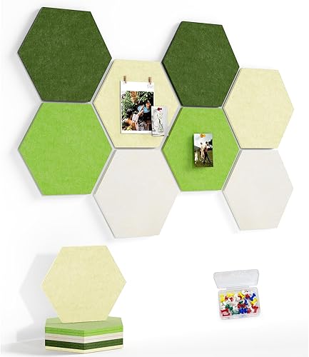 Miniatura 25 de Tablero de anuncios grande de 12 pulgadas con 30 pasadores, paquete de 8 tableros de anuncios de fieltro hexagonal para oficina en casa, azulejos