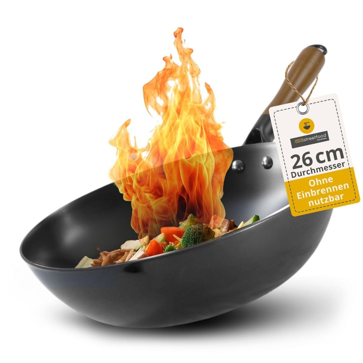 El wok perfecto, diámetro de 26 cm, robusto wok de acero al carbono con base plana, mango de madera, apto para cocinas de gas, inducción y vitrocerámica, sin quemar para platos