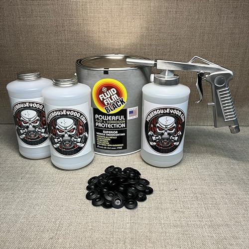 Fluid Film Black Gallon, Standard Economy Undercoating Spray Gun, 3 White Quart Bottles, and 50 Rust Plugs