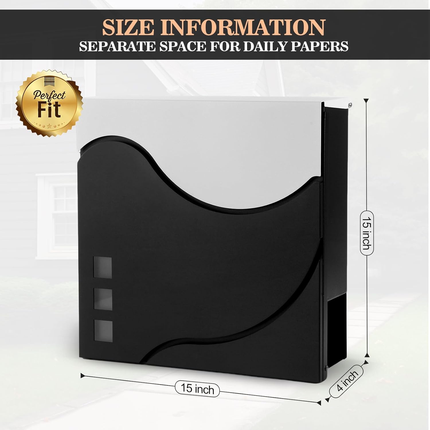 Sharp-tec Wall Mounted Mailbox, 15x15x4inch Large Capacity, Modern Metal Galvanized Steel Mailbox for Outside, Mailbox with Lock and Key Drop Box, Black