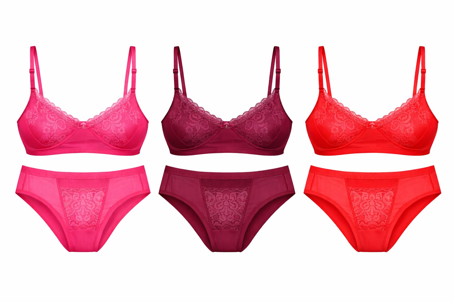 Designer Women's Bra and Panty Set Lace Solid Lingerie Set Combo of 3 Pink, red, Purple-picture-26