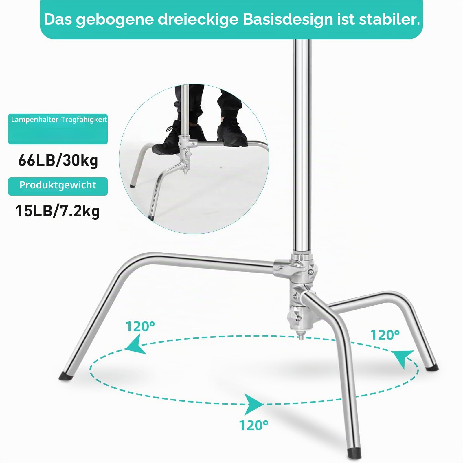 C Stand 100% Edelstahl Heavy Duty mit Auslegerarm,Max Höhe 330cm Verstellbarer C Ständer Lampentständer mit 127cm Haltearm, 2 Griffköpfe für Studio Monolight, Softbox, Reflektor