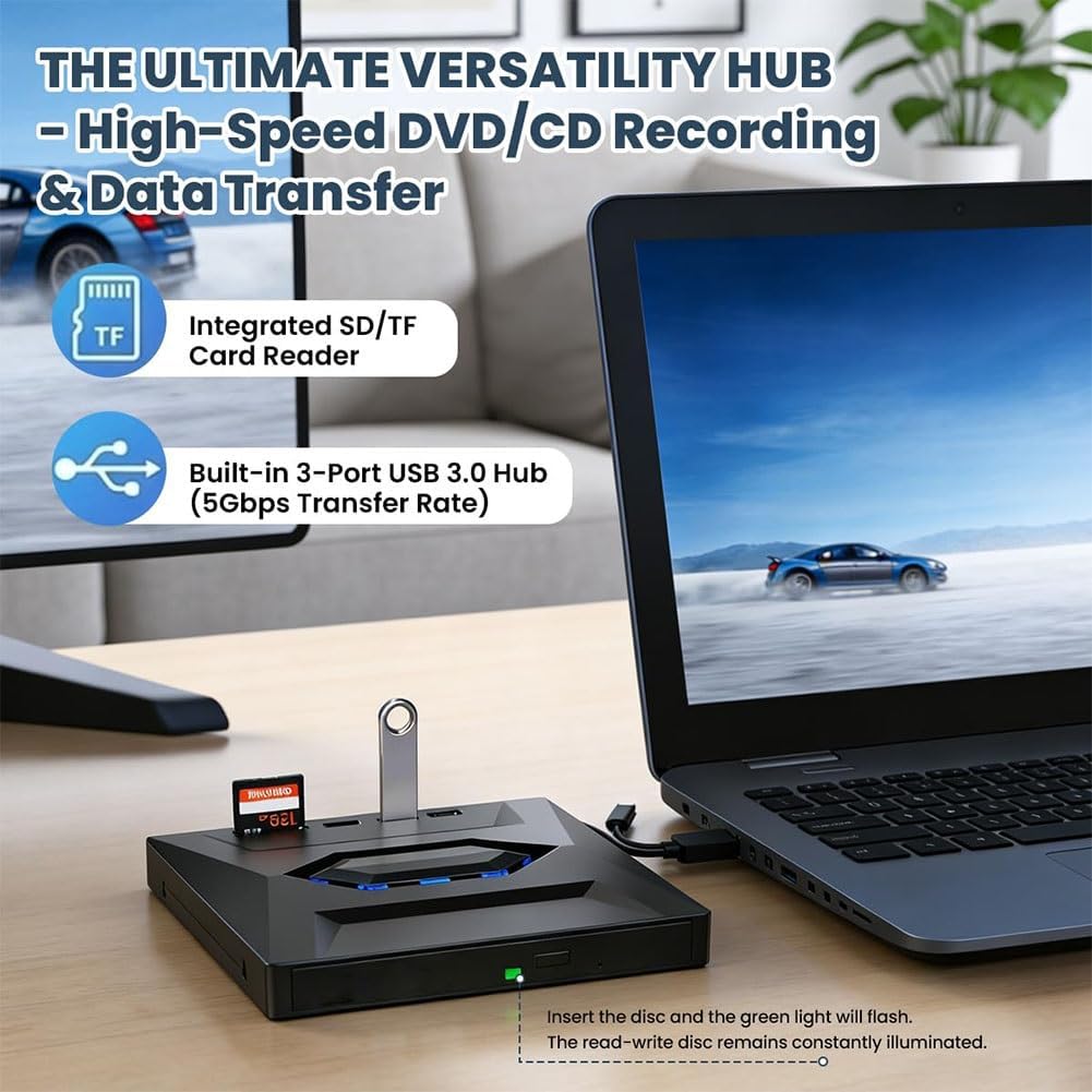 7-in-1 External Blu-ray Drive USB 3.0 & Type-C Portable BD/DVD/CD Burner Writer Reader with 3 USB Ports Hub & SD/TF Card Reader 6X Blu-ray Optical Drive for Laptop Desktop