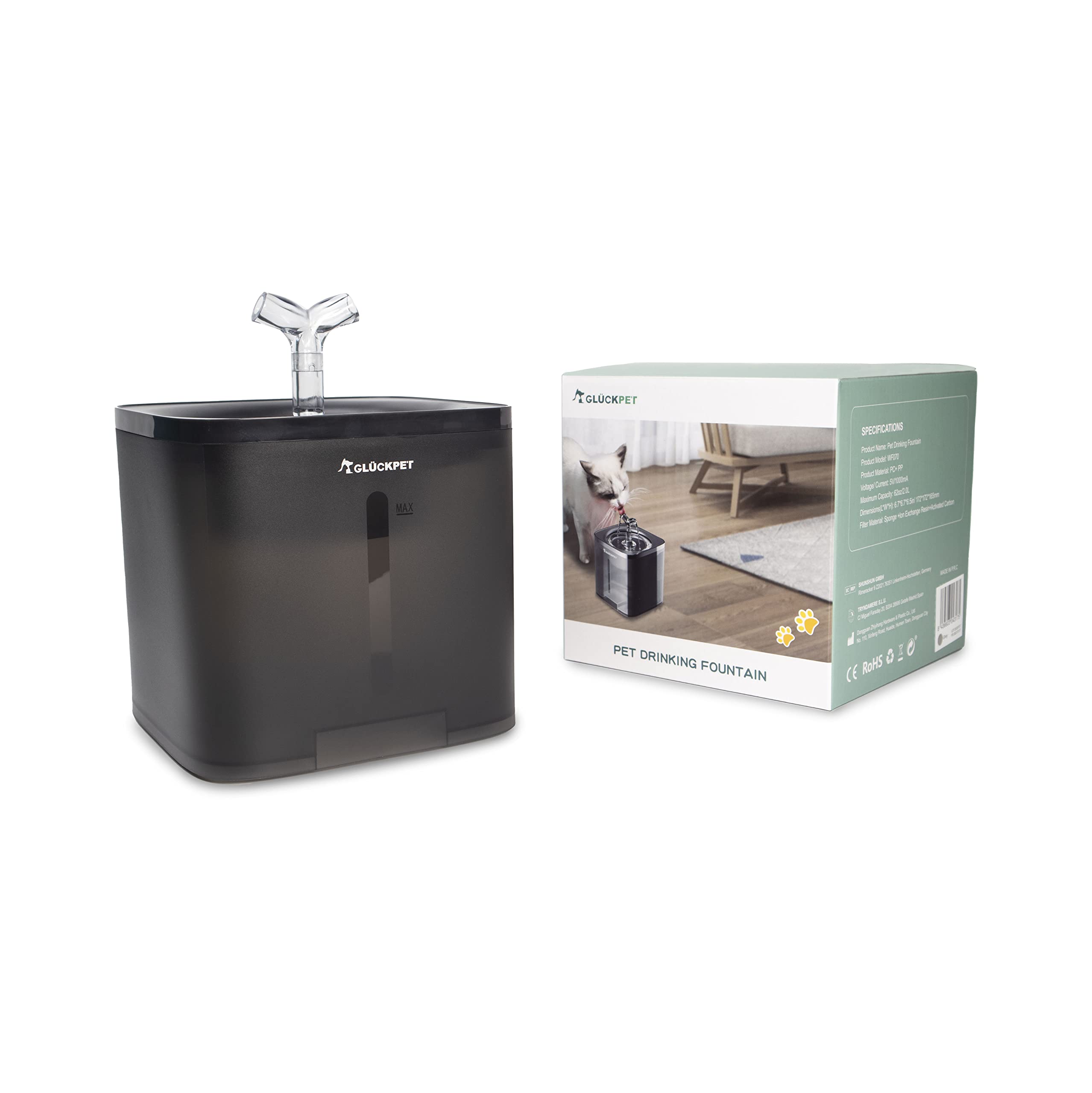Fuente para Gato, 2L, Gris, Filtro Triple y Bomba de Agua, Certificado CE y RoHS