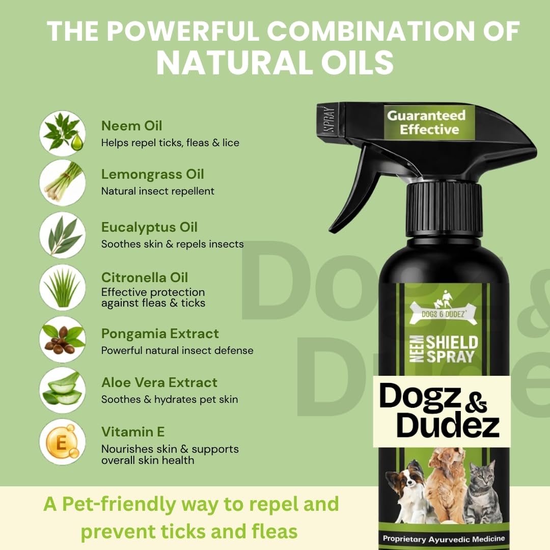 Dogz & Dudez Neem Shield Tick, Flea, Flea Egg Spray for Dogs and Cats 200 ml | Quick Results |Treatment, Preventive, Ecoparasite Killer and Repellent Spray Botanical Oils 3