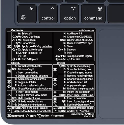 Pegatina para Mac Excel y Word Shortcuts 2023, adhesivo de vinilo para atajos de teclado Afterplug para MacBook ProAir de 13 a 16 pulgadas,