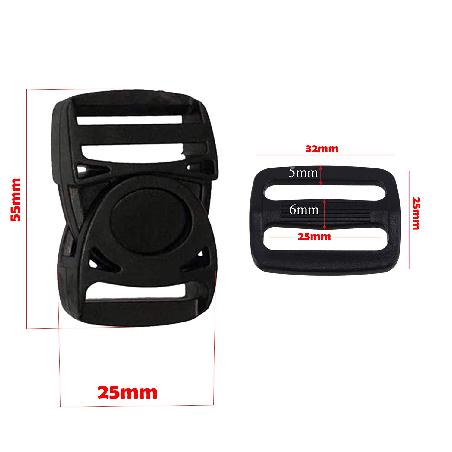 Trimming Shop - Set di 2 Fibbie a sgancio Laterale in plastica e triglide Slider per Il Fissaggio di Cinghie, Zaino, Accessori per Borse,Cinghia per Bagagli Fai da Te, 25 mm Design