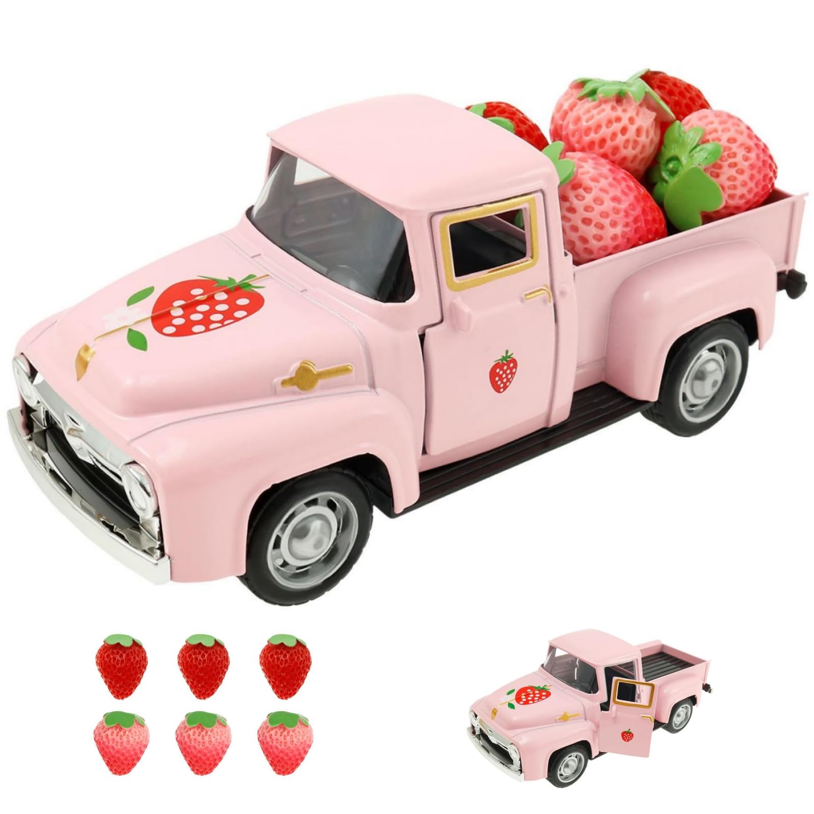 shaojian Strawberry Cake Shortcake Decorations Vintage Metal Truck Decor with Mini Fake Strawberries Farmhouse Table Spring Decor for Tiered Tray, Pink Dolls House Accessories(no wooden crate)