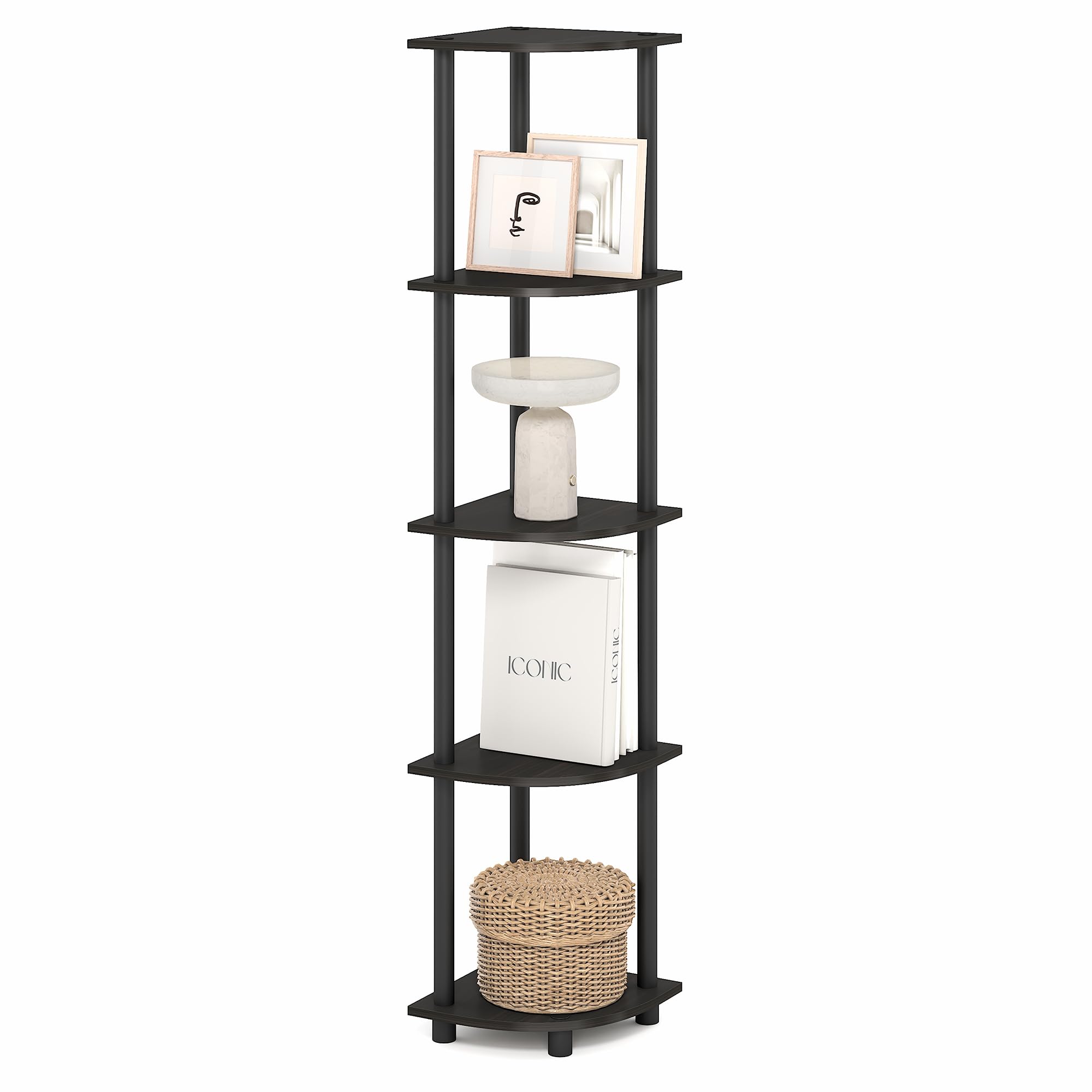 Furinno TURN-N-TUBE Corner Shelf, 5-Tier Corner Bookshelf, Open Storage Shelves, for Organization and Storage, Living Room, Home Office, Garage, Bedroom, Black Espresso