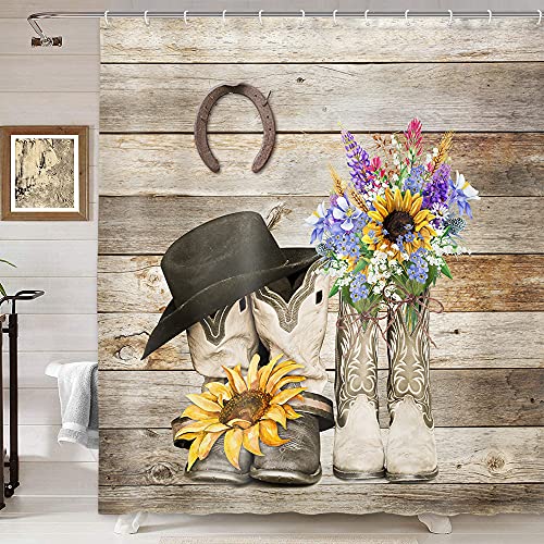 Rustic Western Shower Curtain, Western Hat Sunflowers In West Cowboy Boots Shower Curtains Set, Country Farmhouse Horseshoe Wood Barn Door Bathroom Shower Curtains Polyester 12Pcs Hook 69X70In #TOP17