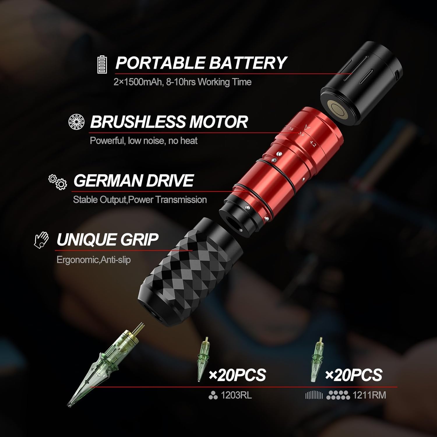 Solong Tattoo Maschine Set 2 Batterien 7 Strokes, Rotary Wireless Tattoo Pen Gun mit LCD Digital, 40pcs Cartridge Nadeln, 30ML Tinten Schwarz für Anfänger und Künstler SLE75KITEU-1