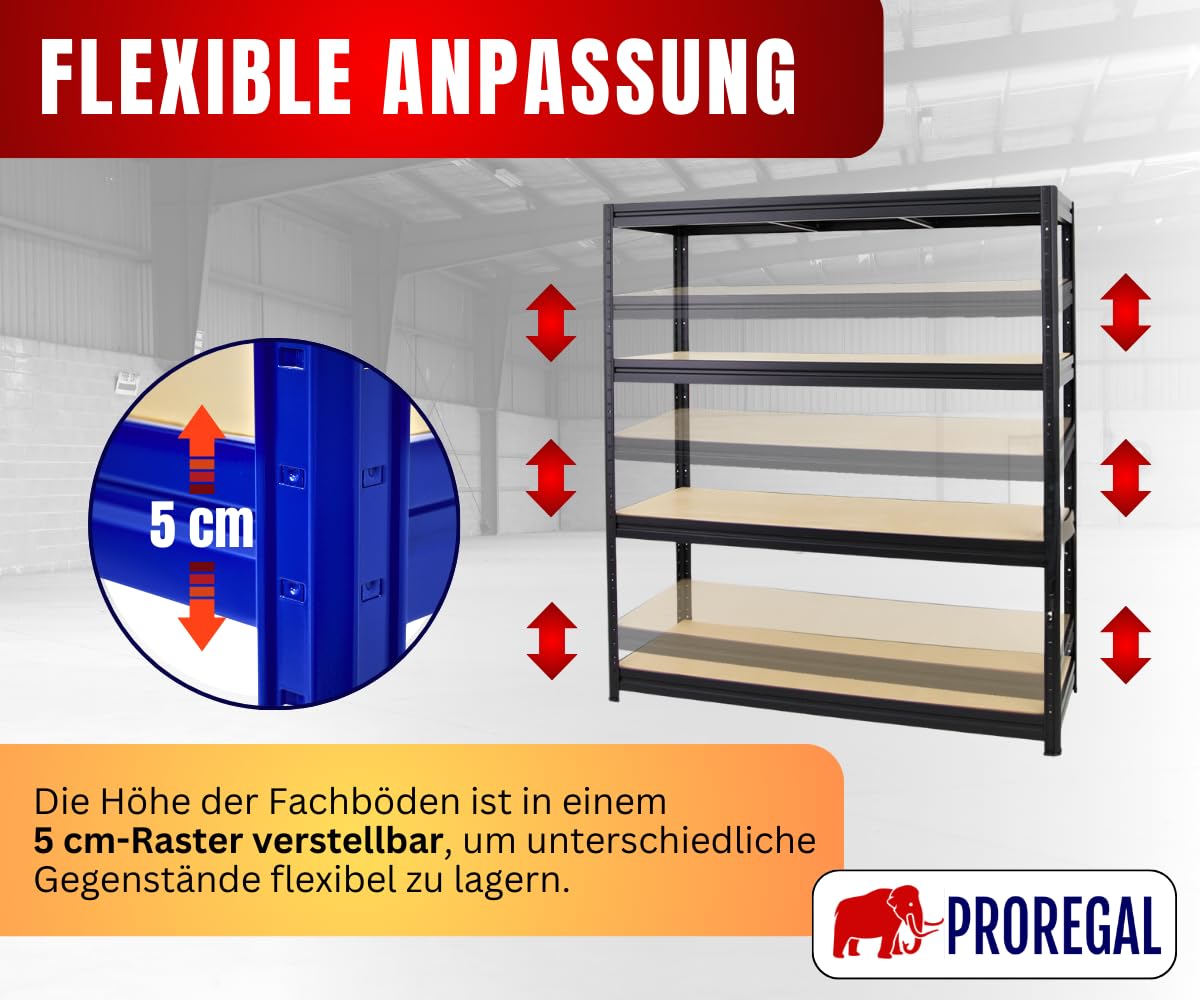 PROREGAL Scaffale per carichi pesanti DINO | AxLxP 180x160x60cm | Portata per ripiano 600kg | Nero