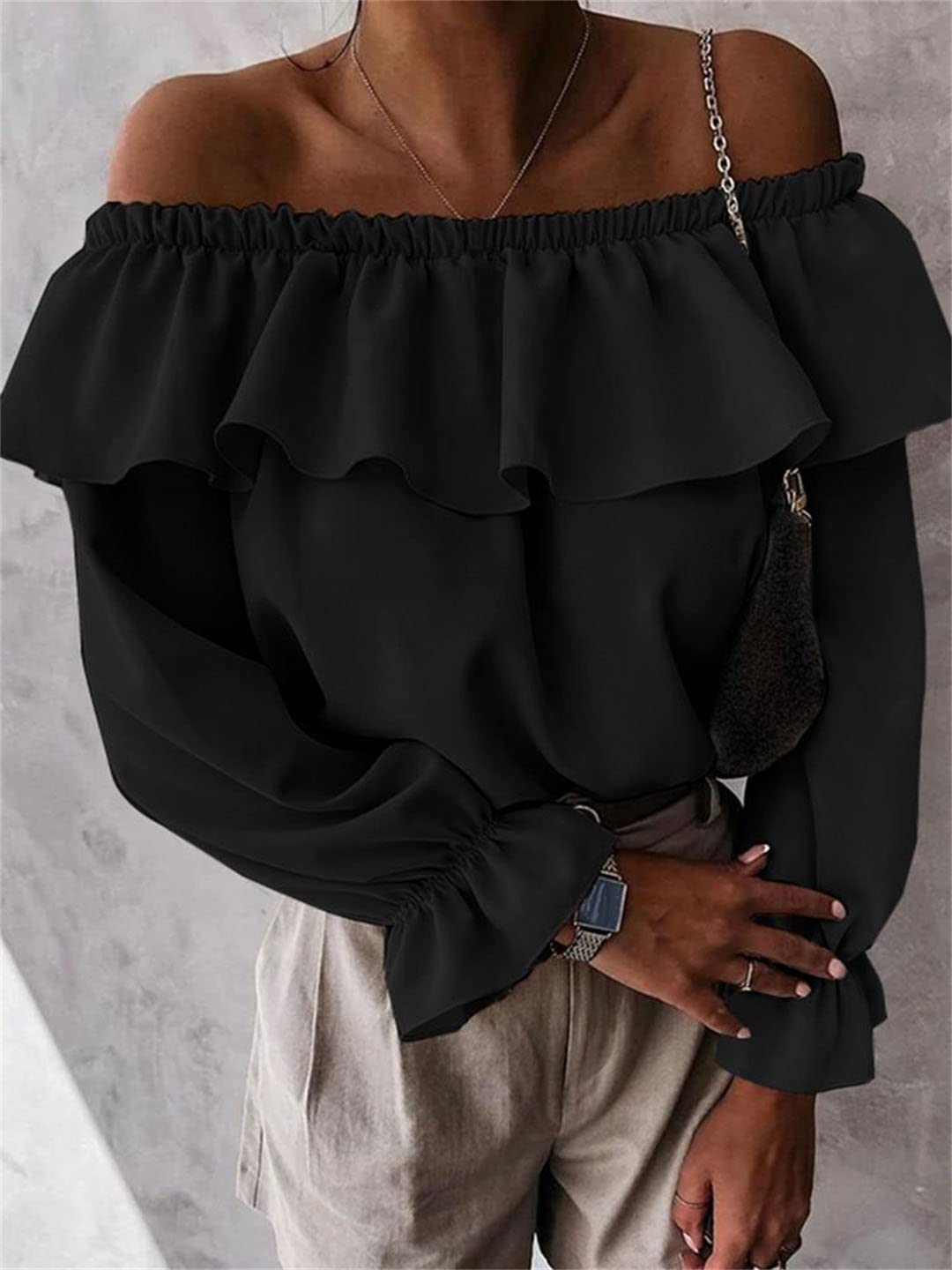 Générique Femmes Sexy Hors épaule Blouses été Flare à Manches Longues Couleur Unie Tunique Hauts Dames Hauts à Volants