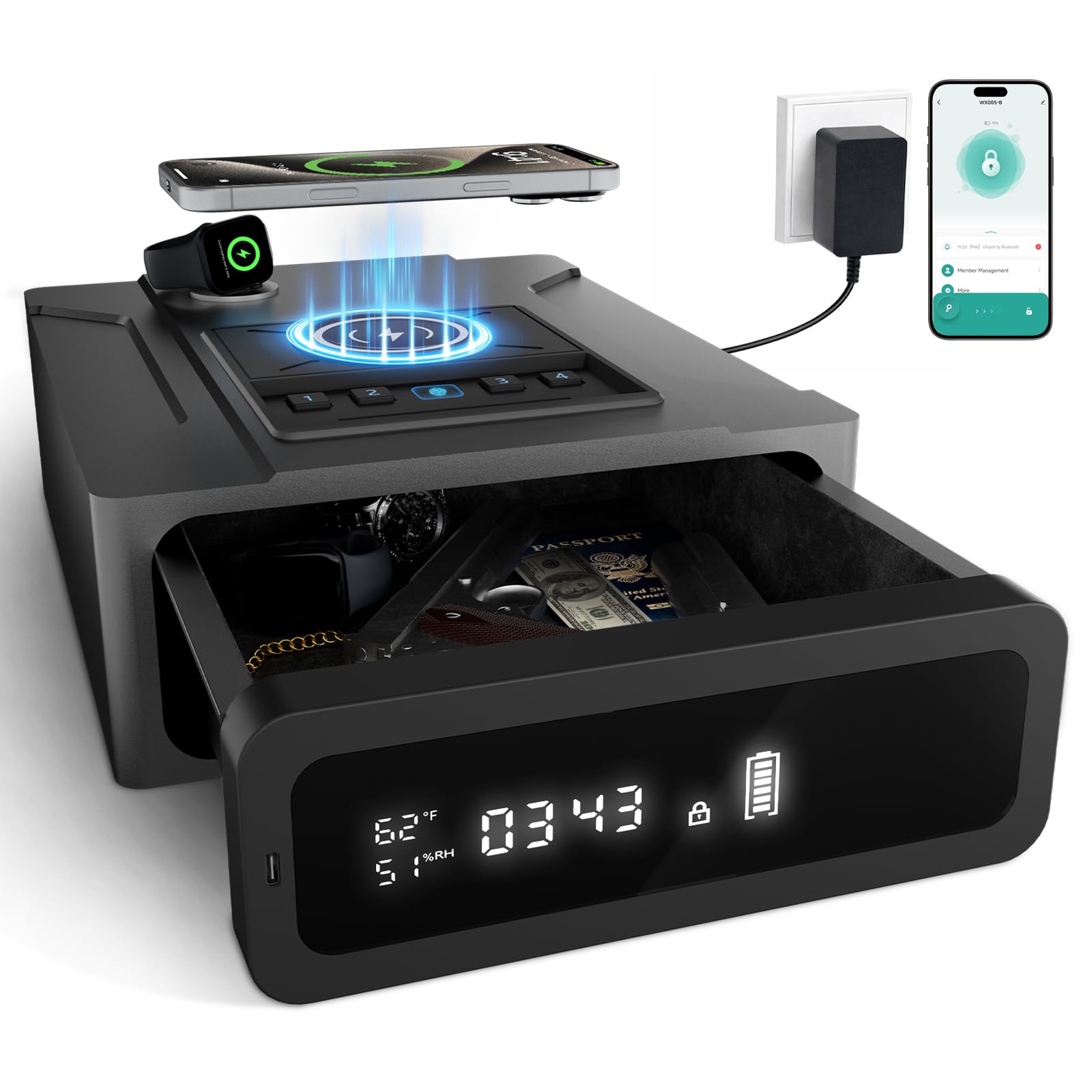 Photo 1 of XDeer Smart Biometric Gun Safe for Handgun, 4 Ways Quick Access Fingerprint Gun Safes,Bluetooth App Control, Nightstand Smart Safes Box with Wireless Charging for Phone, Gun Safe Alarm Clock 1pcs