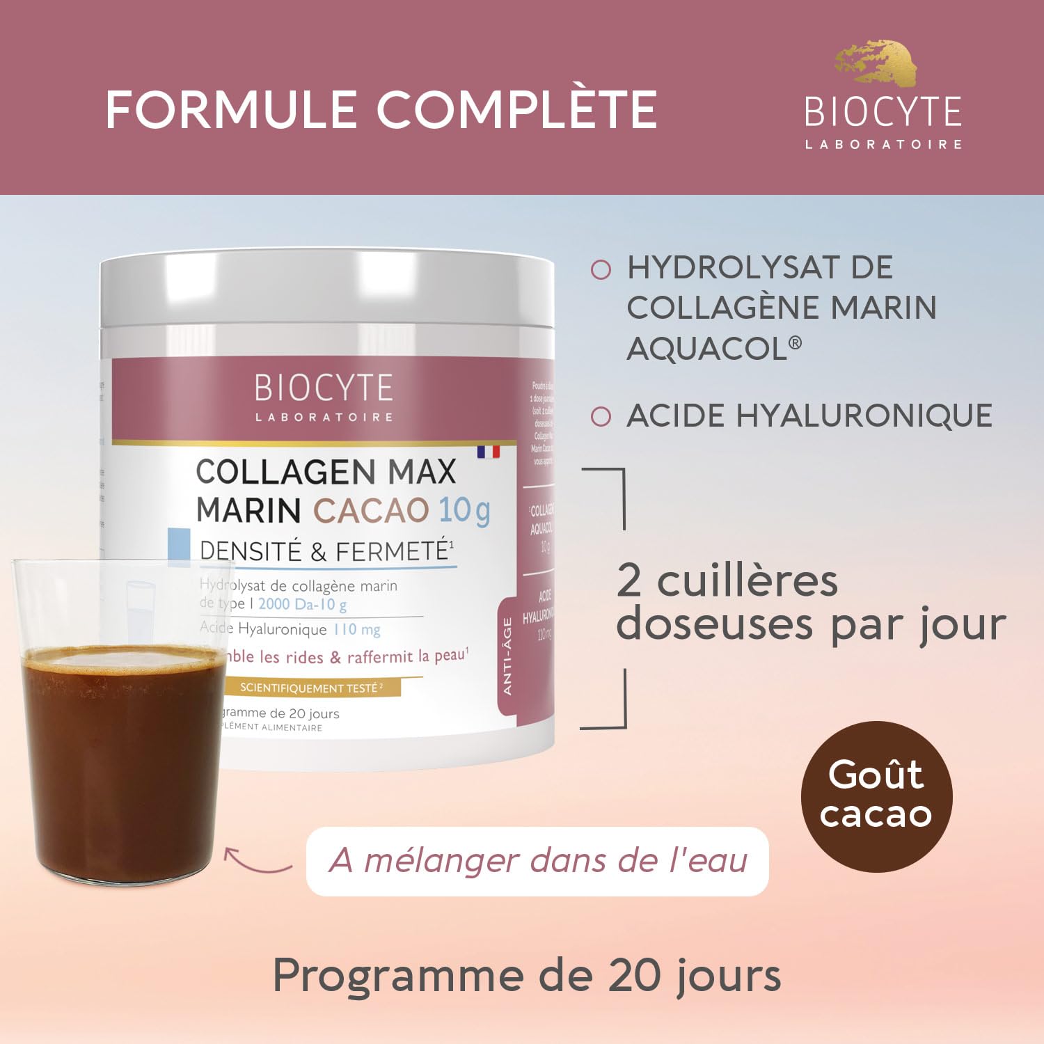 BIOCYTE Collagene Max Marin Goût Cacao - Comble Les Rides & Raffermit La Peau - Acide Hyaluronique, Efficacité Prouvée Du Collagene Marin Aquacol® - Programme 20 Jours