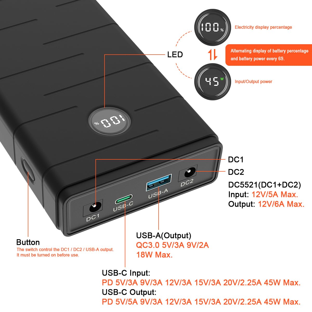 Talentcell Batterie lithium-ion 12 V, PD 45 W USB-C 18 W USB-A, batterie externe portable, 76,65 Wh CC 5 A de sortie pour Raspberry Pi/bande LED/caméra de vidéosurveillance/télescope, pompe Spectra
