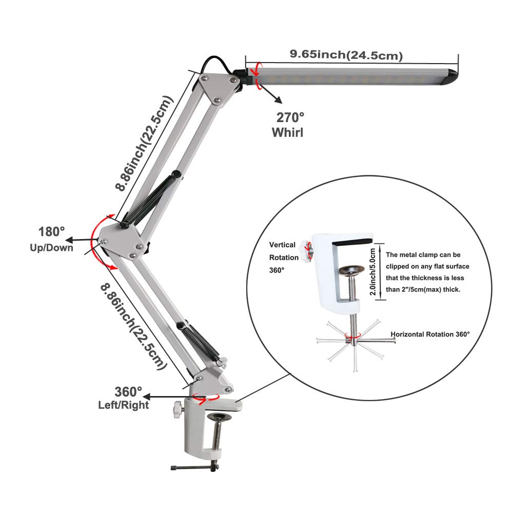 LED Desk Lamp, Metal Swing Arm Dimmable Task Lamp, Eye Care Table Lamp with Clamp (3 Color Modes, 9-Level Dimmer) for Task Study (White)