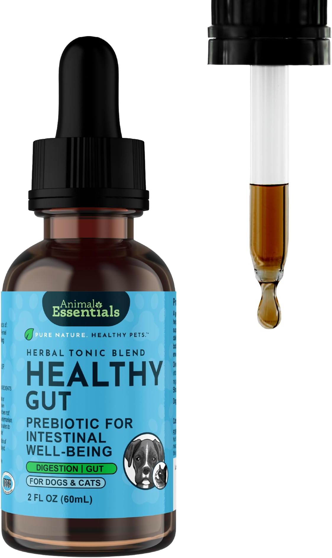 Animal Essentials Healthy Gut - Herbal Prebiotic for Dogs & Cats, Gut Health Blend, Herbal Formula, Organic Human Grade Herbs, Veterinarian Recommended, Liquid Tonic - 2 Fl Oz