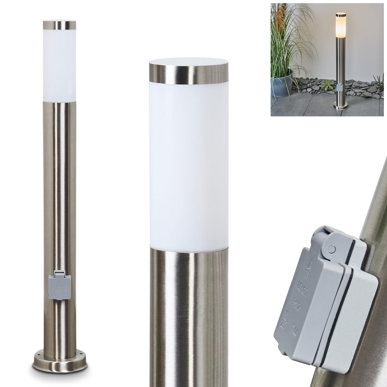 Lampa zewnętrzna Sessa, nowoczesna lampa cokołowa z metalu/tworzywa sztucznego w kolorze niklowo-matowym/białym, gniazdko, lampa ścieżkowa 80 cm, lampa ogrodowa, E27, oświetlenie ogrodowe IP44, bez