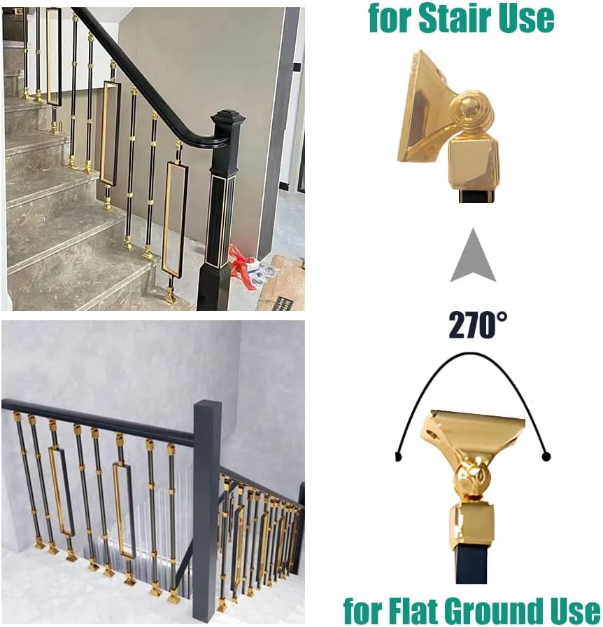 Modern Black Gold Metal Balusters for Stairway, 5 Pack Square Railing Kit with Flat Brackets & Face Mount, Stylish Deck Guardrail, Durable Upright Design