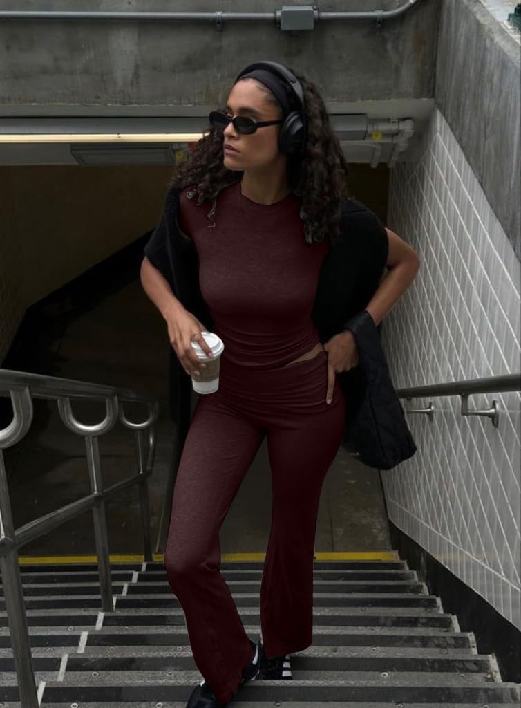 AYWA Women's 2 Piece Lounge Sets Short Sleeve Crop Top Foldover Flare Pants Casual Pajama Outfits - Image 5