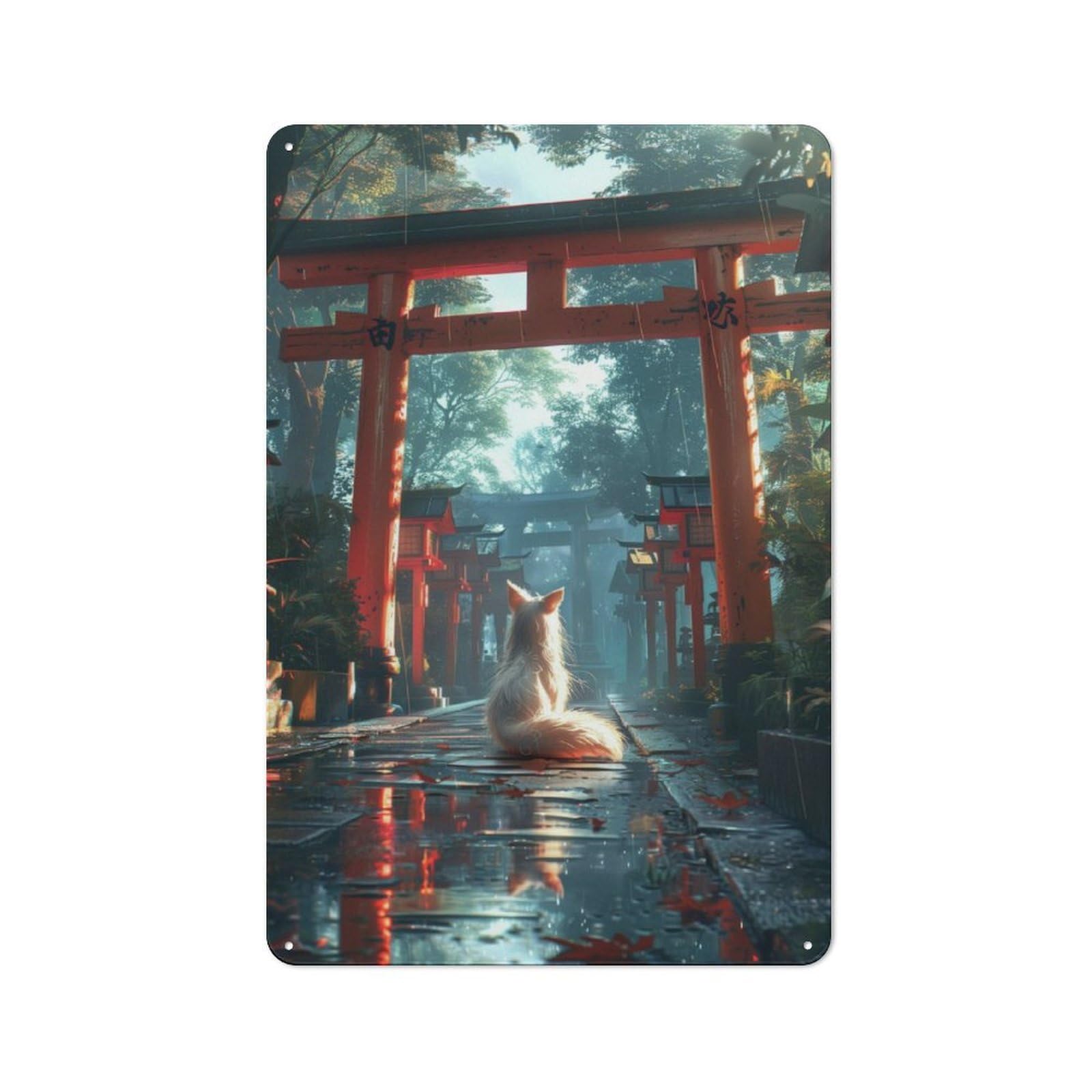 Distressed Look Mystic Kitsune Fox Torii Decorative Tin Sign 30x20cm, Retro Room Decor for Lounge, Study, Pub Or Wall Gallery