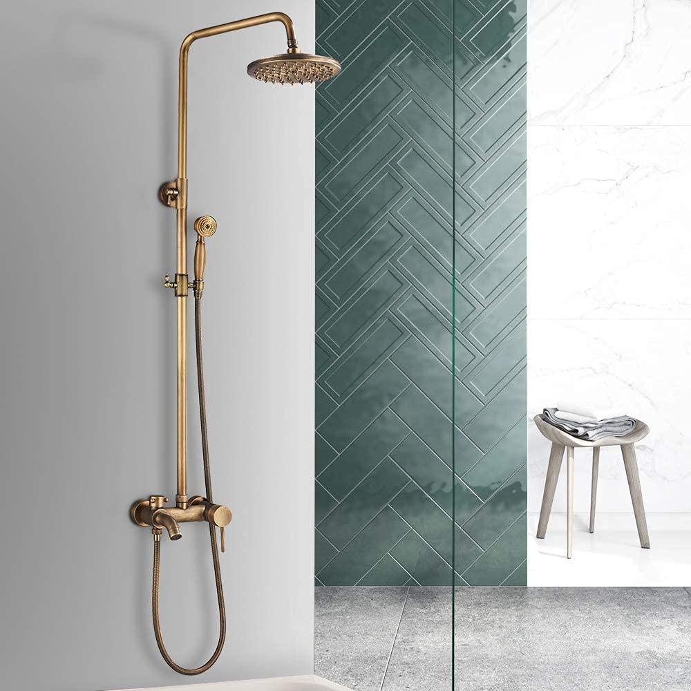 YNIYUJKL Shower System Wall Mounted Antique Brass Shower Tap With Rainfall Shower Head Handheld Shower Spray Tub Spout 2 Handles Control