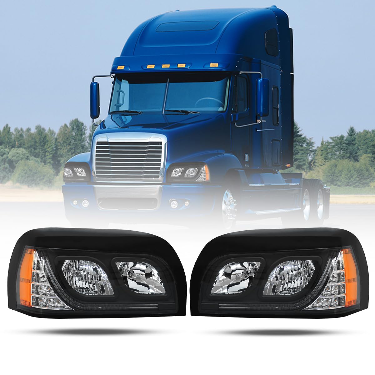 Headlights Compatible with Freightliner Century 2004-2015 Pair Set Front Headlamp DOT and SAE Approved (Black-Led)