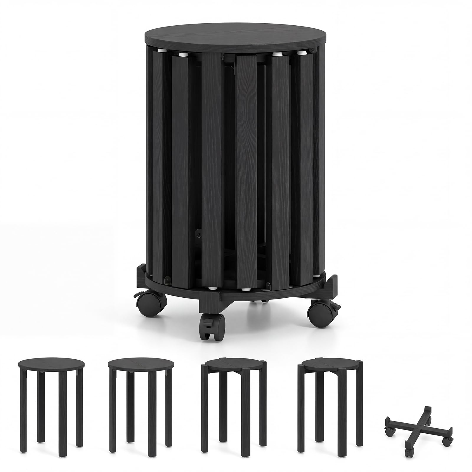 COSTWAY Set di 4 Sgabelli Impilabili 4 in 1, Sgabelli in Legno con Portavaso con Rotelle, 2 Grandi Ø36 cm e 2 Piccoli Ø35 cm, Tavolino Laterale Rotondo per Soggiorno e Camera da Letto (Nero)
