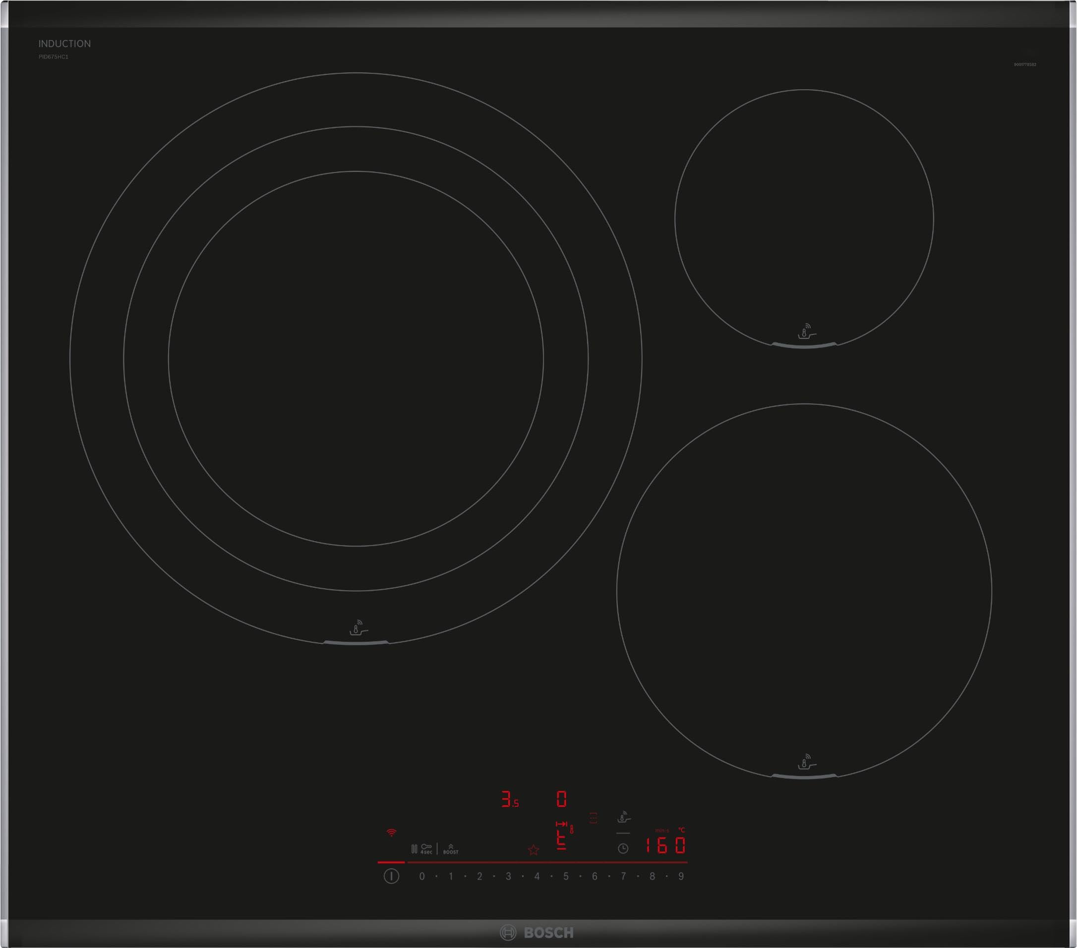 Bosch Induction Hob, 60 cm, Series 6, 3 Cooking Zones, Electronics DirectSelect, PerfectFry Plus, Home Connect, Black, PID675HC1E