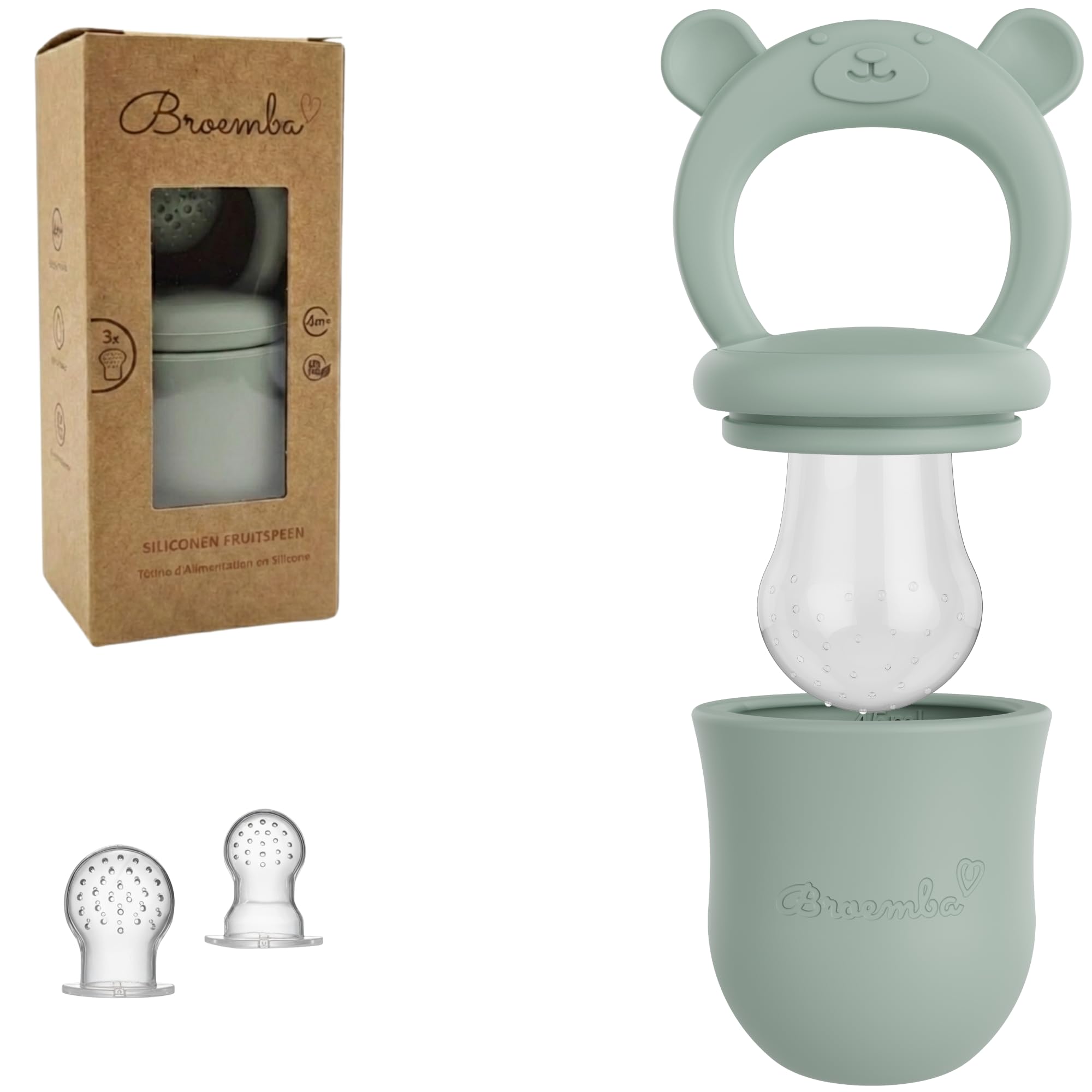 Broemba Fruchtsauger Baby & 3 Schnuller - Grüner 100% Silikon Nahrungsschnuller mit Beißring, Fruchtschnuller für Obst, Gemüse & Babynahrung, BPA-frei