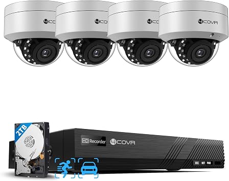 4COVR PoE Security Camera System with 2TB HDD, LY54AX5M0804 | 4Pcs 5MP IK10 Vandal-Proof Dome PoE IP Camera with Mic, AI Human Vehicle Detection, 8CH 8MP H.265 NVR, IP67 Home Outdoor