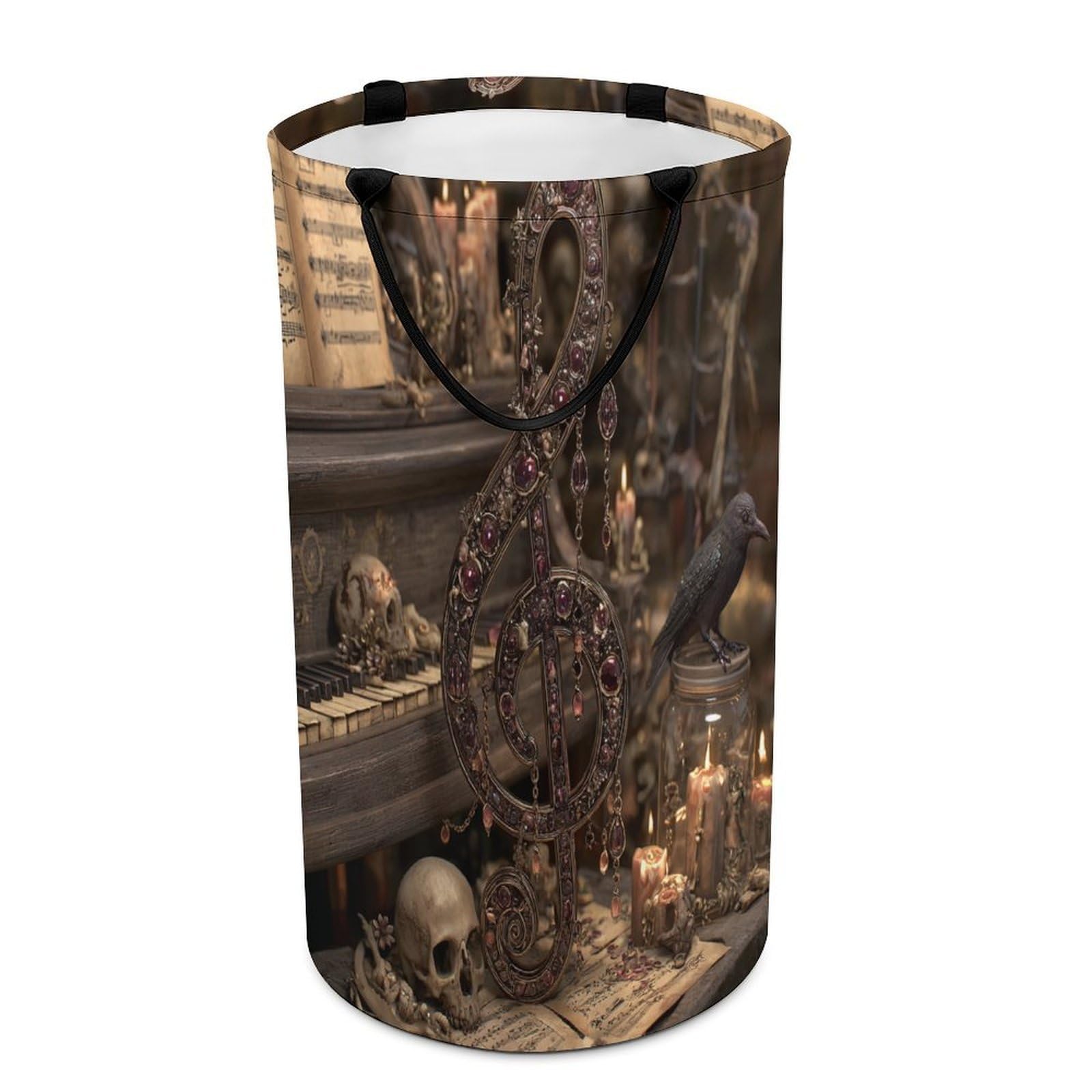 LUYYSKY Beautiful Music Instrument Piano Versatile Storage Laundry Basket, Gothic Watercolor Skull Skeleton Musical Note Animal Crow Large Bathroom Laundry Hamper With Handle-40 CM Dia, 69 CM High