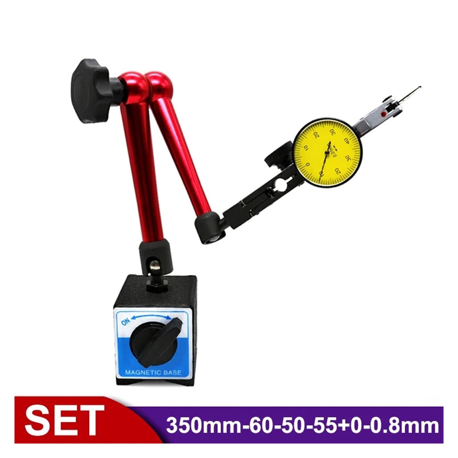 Base de Soporte magnético for indicador de cuadrante Universal de 350 mm, comparador de Prueba de cuadrante de 0 a 0,8 mm y 0,01 for calibración de Equipos(A Set as Shown)